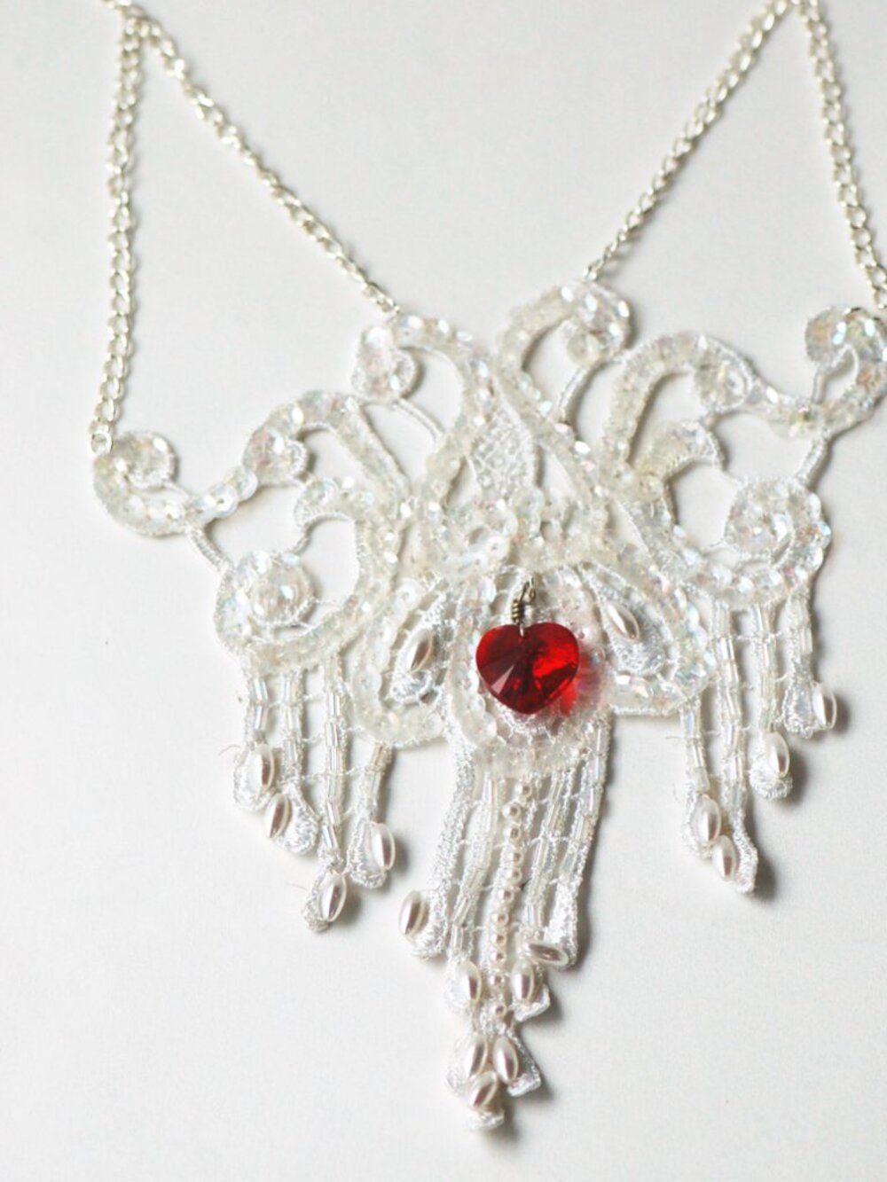 Wedding eco-necklace - White sequin lace applique with scarlet heart Swarovski
